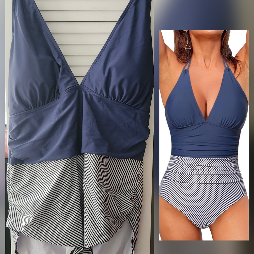 NWT Holipick Tummy Control Navy and White Striped Swimsuit $19